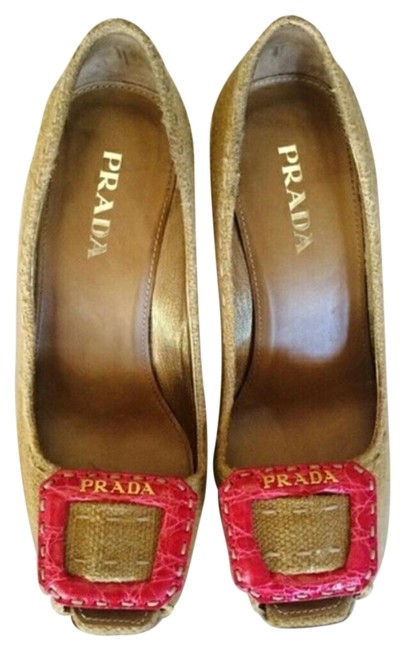 Prada Tan Neutral Cloth Hot Pink Wedges
