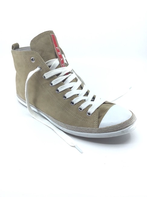 Prada Tan Suede Lace Up High Top Sneakers