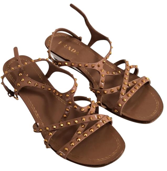 Prada TanGold Studded Strappy Sandals Wedges