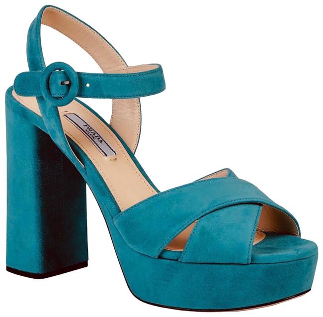 Prada Turquoise Suede Sandals Platforms