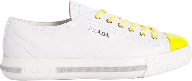 Prada White Leather Fluorescent Yellow Captoe Platform Sneakers
