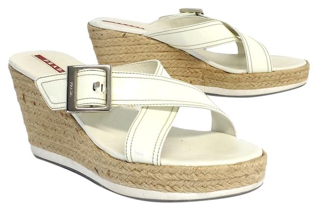 Prada White Patent Leather Espadrille Wedges
