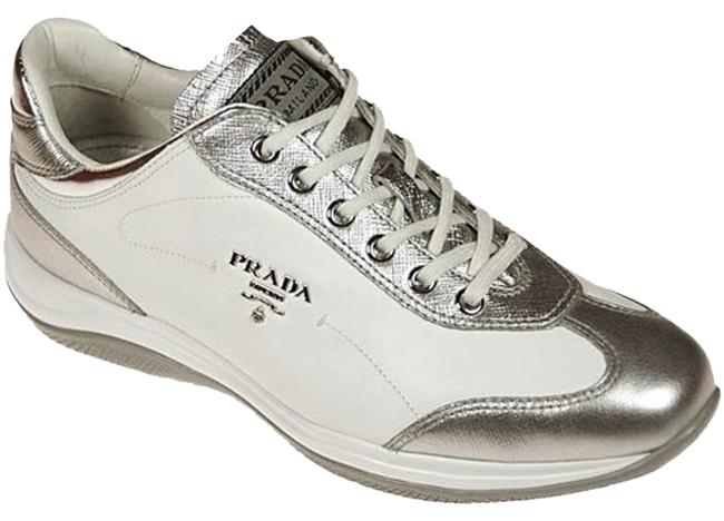 Prada WhiteSilver Lux Linea Rossa Saffiano Sneakers