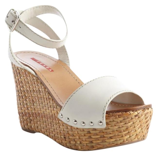 Prada Womens White Leather Buckle Strap Sandals Wedges
