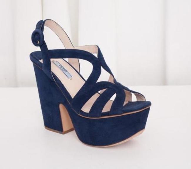 Prada Womens Suede Navy Blue Strappy Platform Wedge Open toe High Heel 8 38