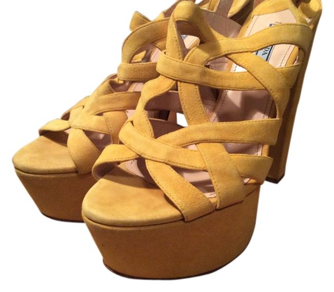 Prada Yellow Suede High Heel Sandals Platforms