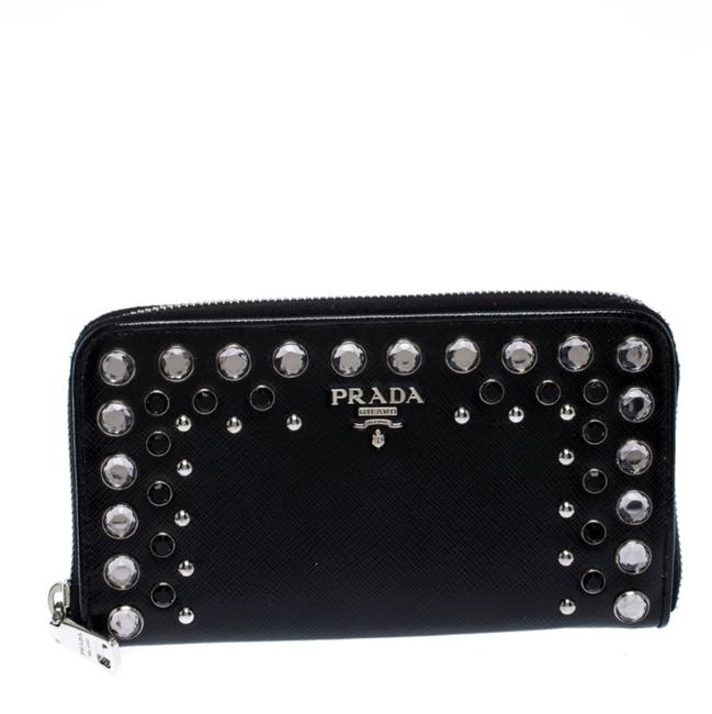 Prada Black Crystal Embellished Leather Zip Around Wallet