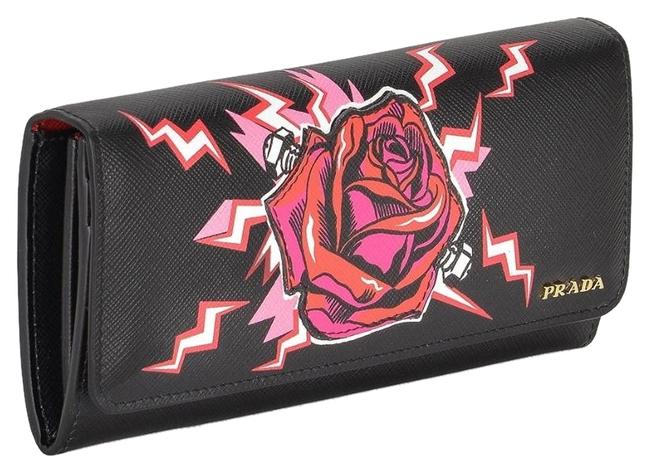 Prada Black Df New Rose Patch Wallet
