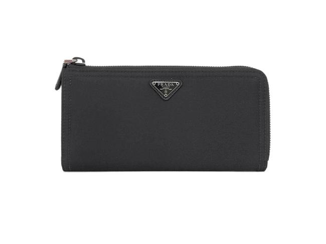 Prada Black Long Nylon Shaped Zipper Leather Wallet