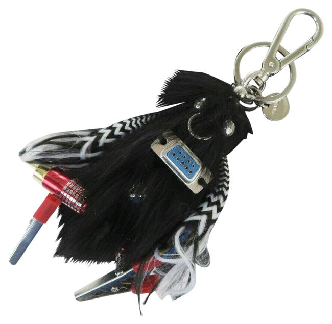 Prada Black Milano Logo Robot Fur Key Ring Bag Metal Charm