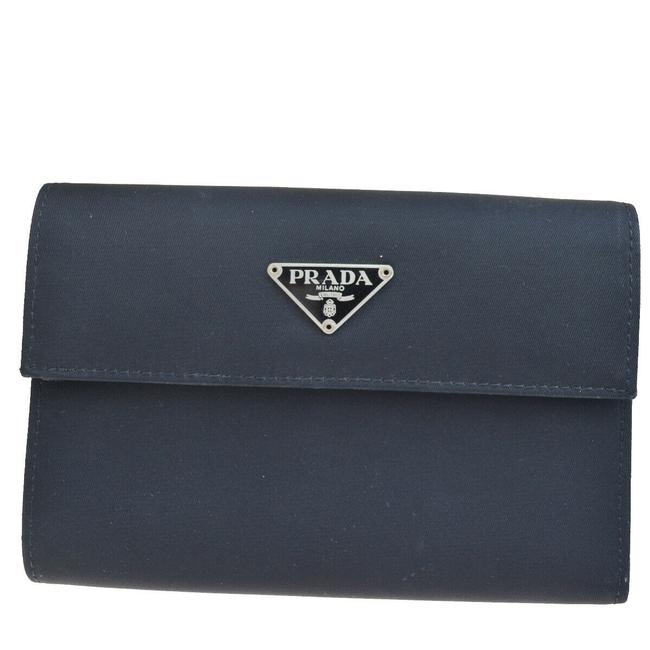 Prada Black Milano Logos Trifold Purse Nylon Leather Wallet