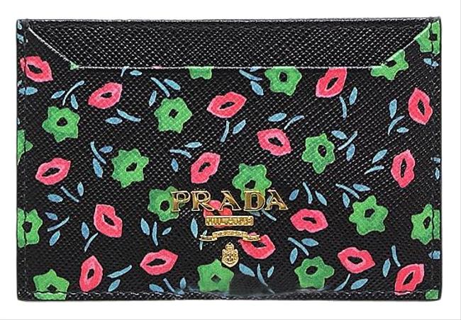 Prada Black Saffiano Card Case Pass 1mc208 Black Flower Print Wallet
