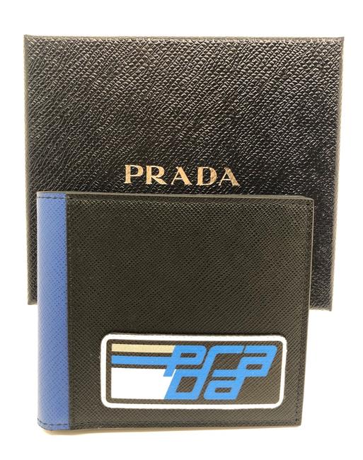 Prada Black Saffiano Leather Patch Mens Portaf Nero+azzurro Wallet