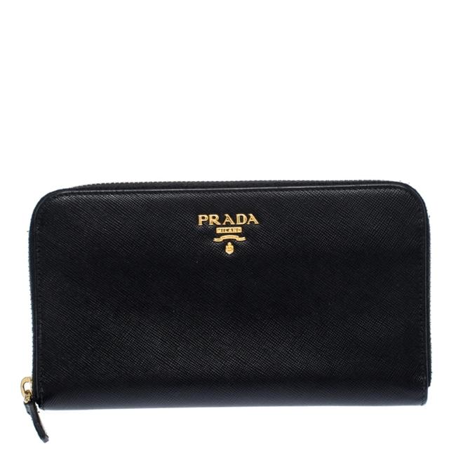 Prada Black Saffiano Metal Leather Zip Around Wallet
