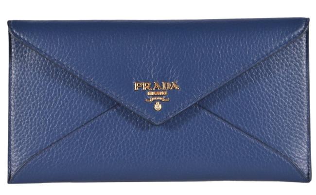 Prada Blue Clutch New Vitello Textured Leather Flap Envelope Wallet