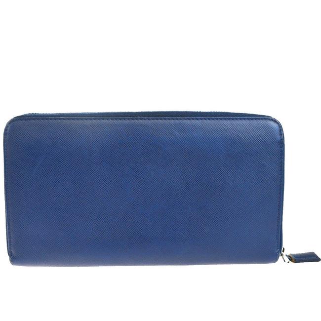 Prada Blue Long Milano Logo Zipper Purse Leather Italy Wallet