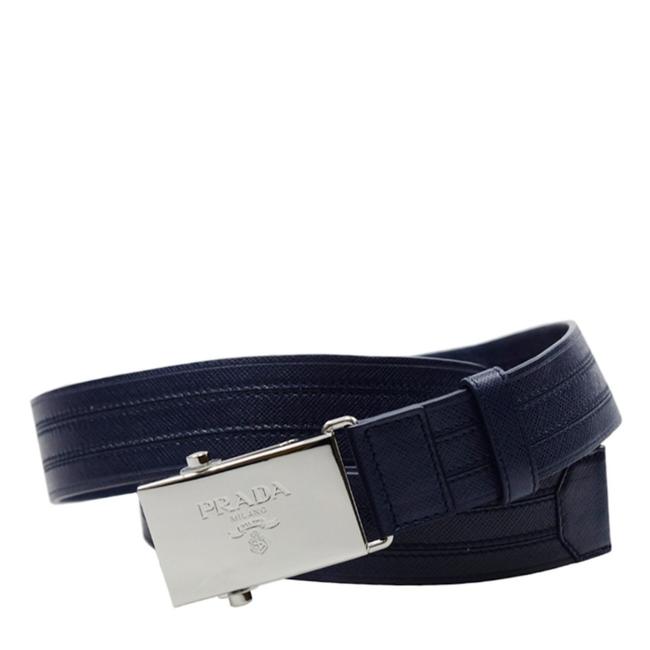 Prada Blue Mens Logo Engraved Plaque Saffiano Leather 105 42 2cm Belt