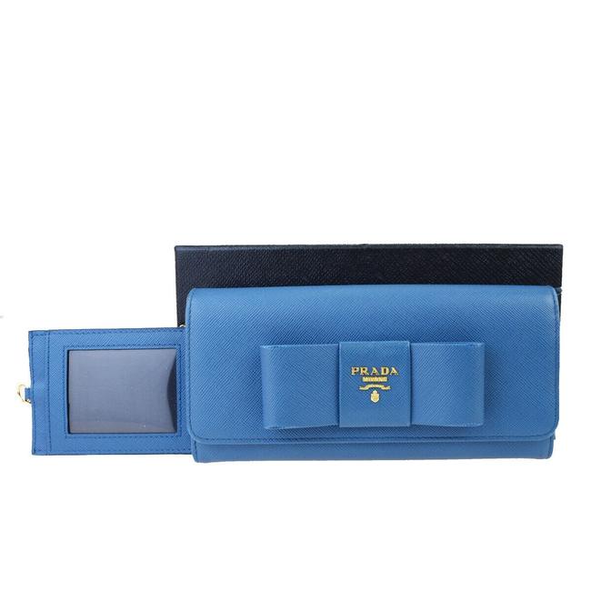 Prada Blue Milano Logos Ribbon Long Bifold Purse Leather Wallet