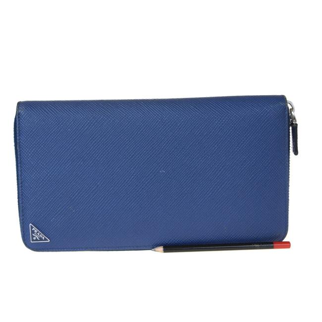 Prada Blue Milano Organizer Long Zipper Leather Wallet
