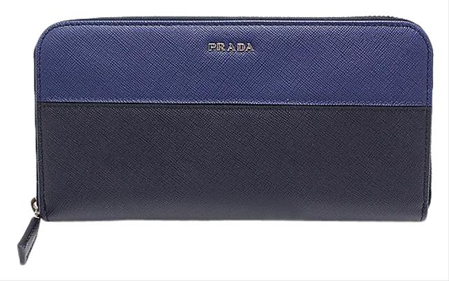 Prada BlueNavy Round Zipper 2m1317 Saffiano Leather BicolorWallet