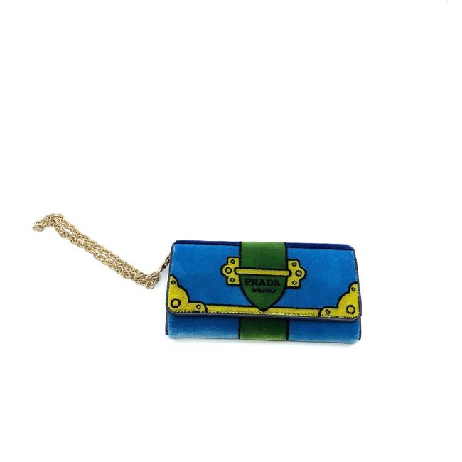 Prada Blue Pattina Portafoglio Cammello Green Velvet Wristlet 1mh019 Wallet