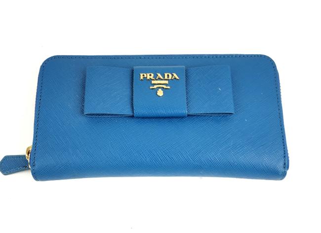Prada Blue Zip Around Saffiano Leather Wallet