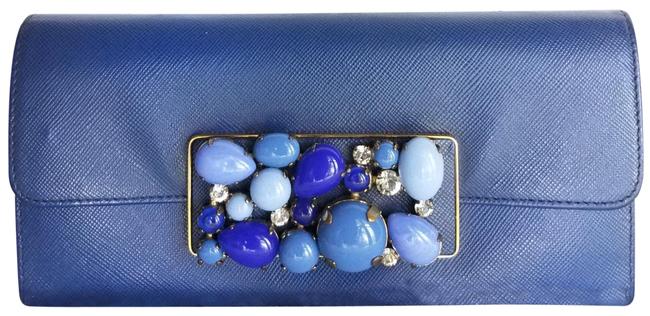 Prada Blue Zippy Saffiano Leather Long Jeweled Purse Wallet