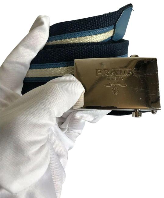 Prada BlueWhite Navy White Woven Silver Buckle Belt