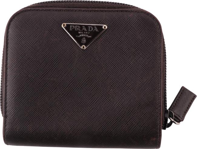 Prada Brown Saffiano Zip Around Compact Wallet