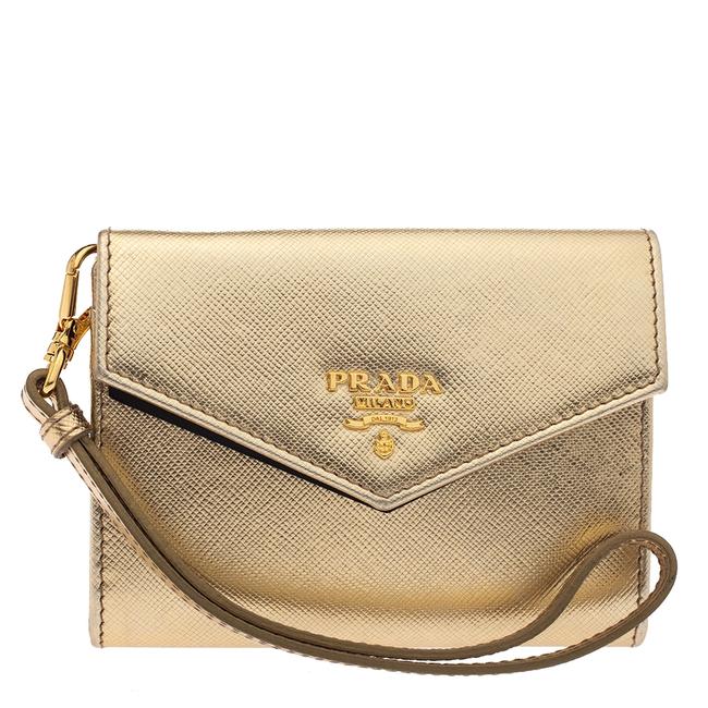 Prada Gold Lux Metallic Saffiano Leather Wristlet Compact Wallet