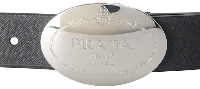 Prada Gray Mens Saffiano Leather Engraved Oval Buckle : 40 Belt