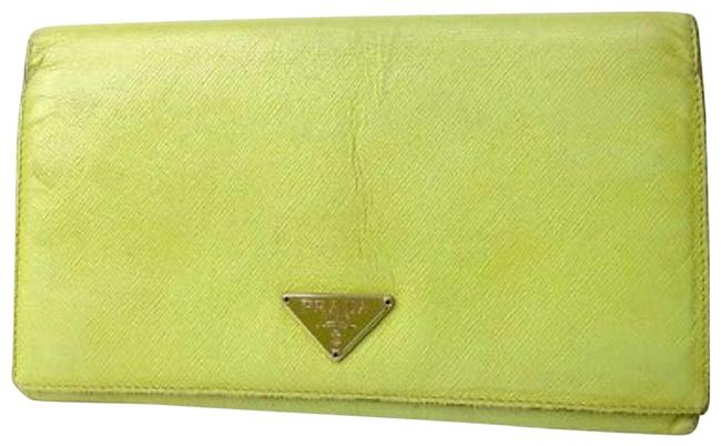 Prada Green Lime Clutch Long Saffiano Leather Purse Triangle Logo Wallet