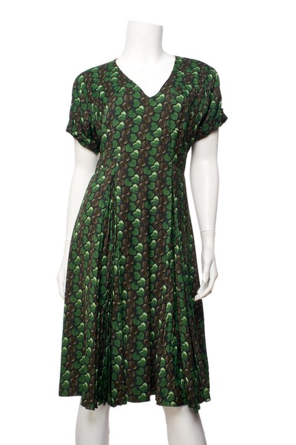 Prada Green Pleated Heart Print 42 Mid length Short Casual Dress6 S