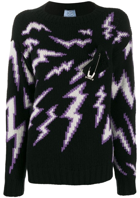 Prada Lightning Bolt Patterned Cashmere Blend Black Sweater