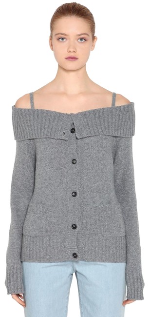 Prada Off The Shoulder Cashmere Cardigan Gray Sweater