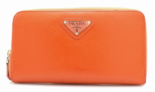 Prada Orange Long Round Fastener Stamped Leather Patent 1m0506 Wallet