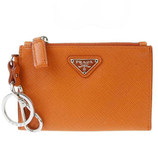 Prada Orange Milano Logos Coin Key Case Ring Leather Wallet