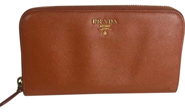 Prada Papaya Orange Zip Around Coin Saffiano Leather Wallet