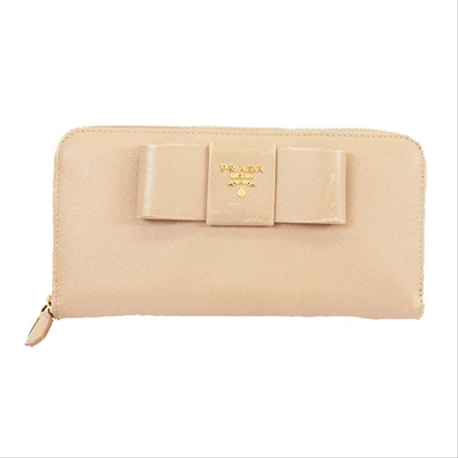 Prada Pink Beige Long Saffiano Bi fold Womens Saffiano Leather Wallet