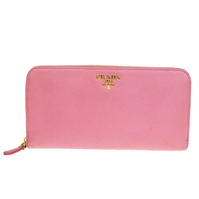 Prada Pink Long Logos Zipper Purse Leather Gold Italy Wallet