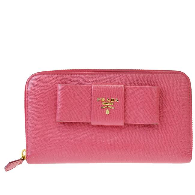 Prada Pink Long Milano Logos Zipper Purse Leather Wallet