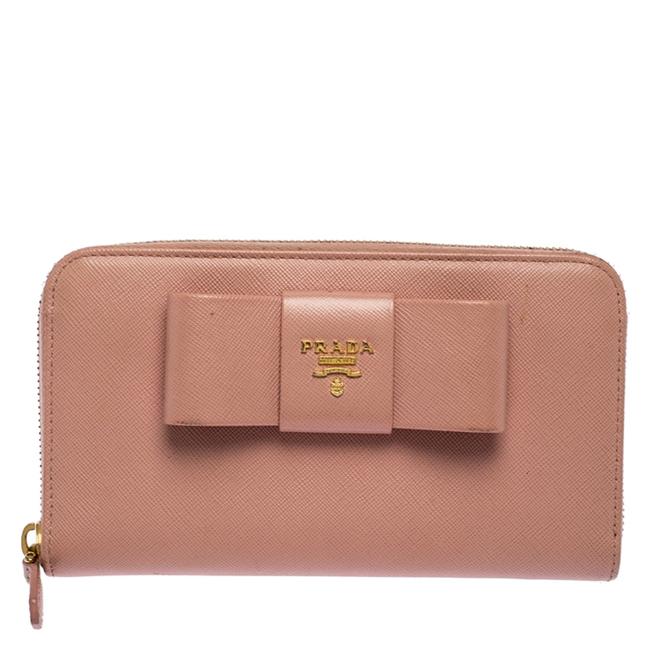 Prada Pink Saffiano Leather Bow Zip Around Wallet
