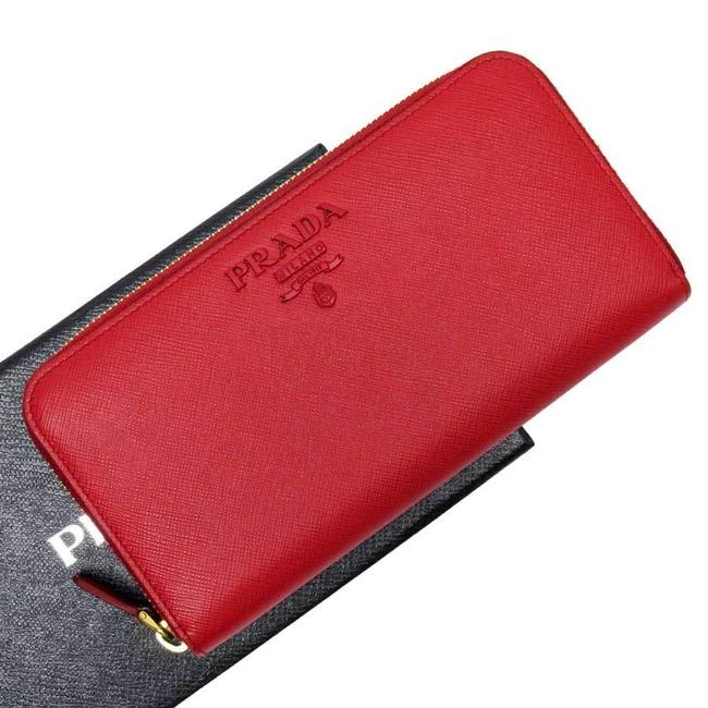 Prada Red Color Zipper Saffiano Leather Ladies Wallet