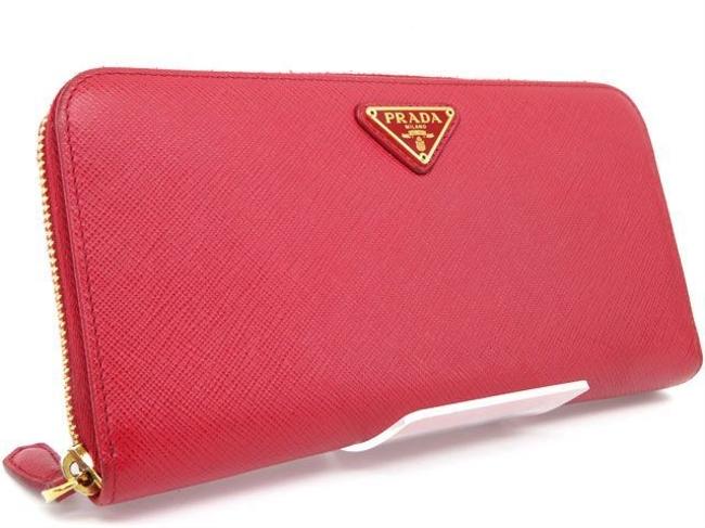 Prada Red Color Round Zipper 1ml506 Saffiano Leather Fuoco Wallet
