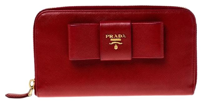 Prada Red Saffiano Leather Bow Zip Around Wallet
