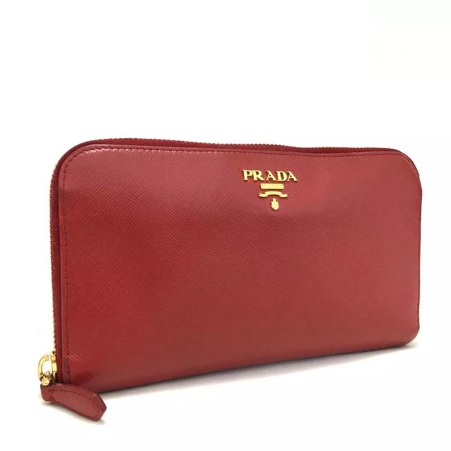 Prada Red Long Saffiano Leather Zip Around Wallet
