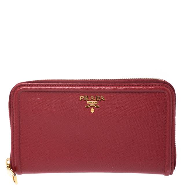 Prada Red Saffiano Leather Zip Around Wallet