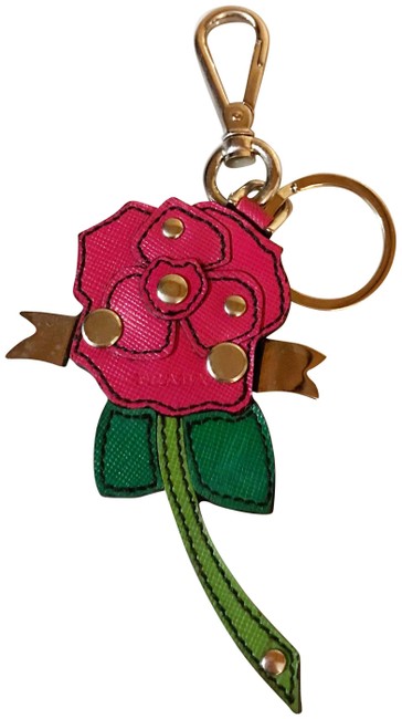 Prada Red Silver and Green Rare Trick Saffiano Rose Bag CharmKeychain
