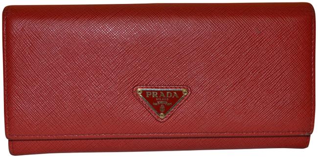 Prada Red Silver Logo Plaque Fold Wallet