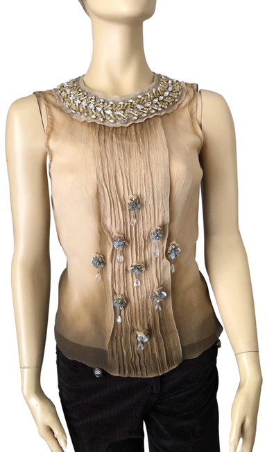 Prada Silk Embellished Dressy BeigeTan Top